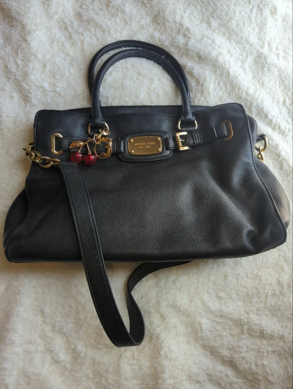 Michael Kors Black Leather Shoulder Bag with Gold Hardware And Cherry Charm